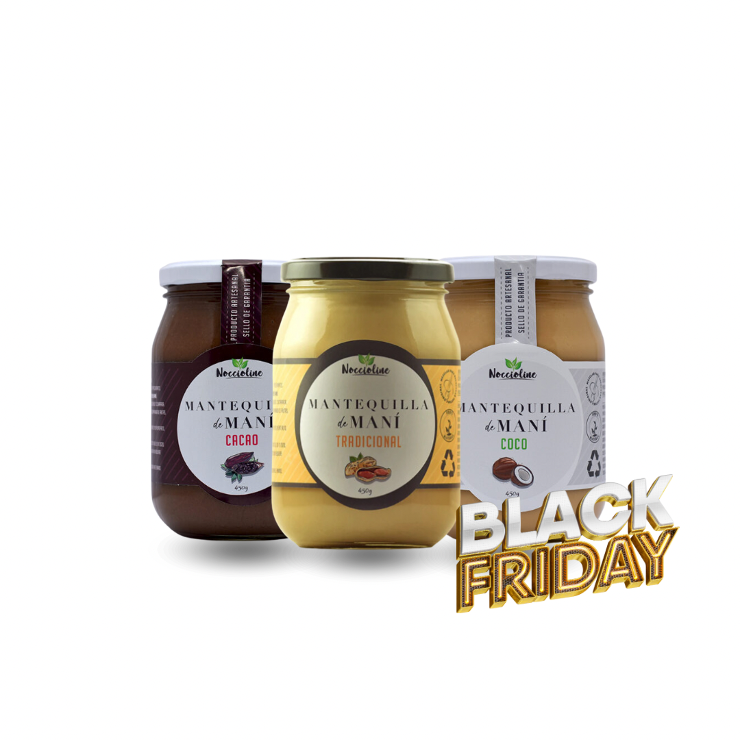 PACK BLACK FRIDAY 1 MANTEQUILLA DE MANI TRADICIONAL 450g + 1 MANTEQUILLA MANI COCO 450g + 1 MANTEQUILLA MANI CACAO 450g
