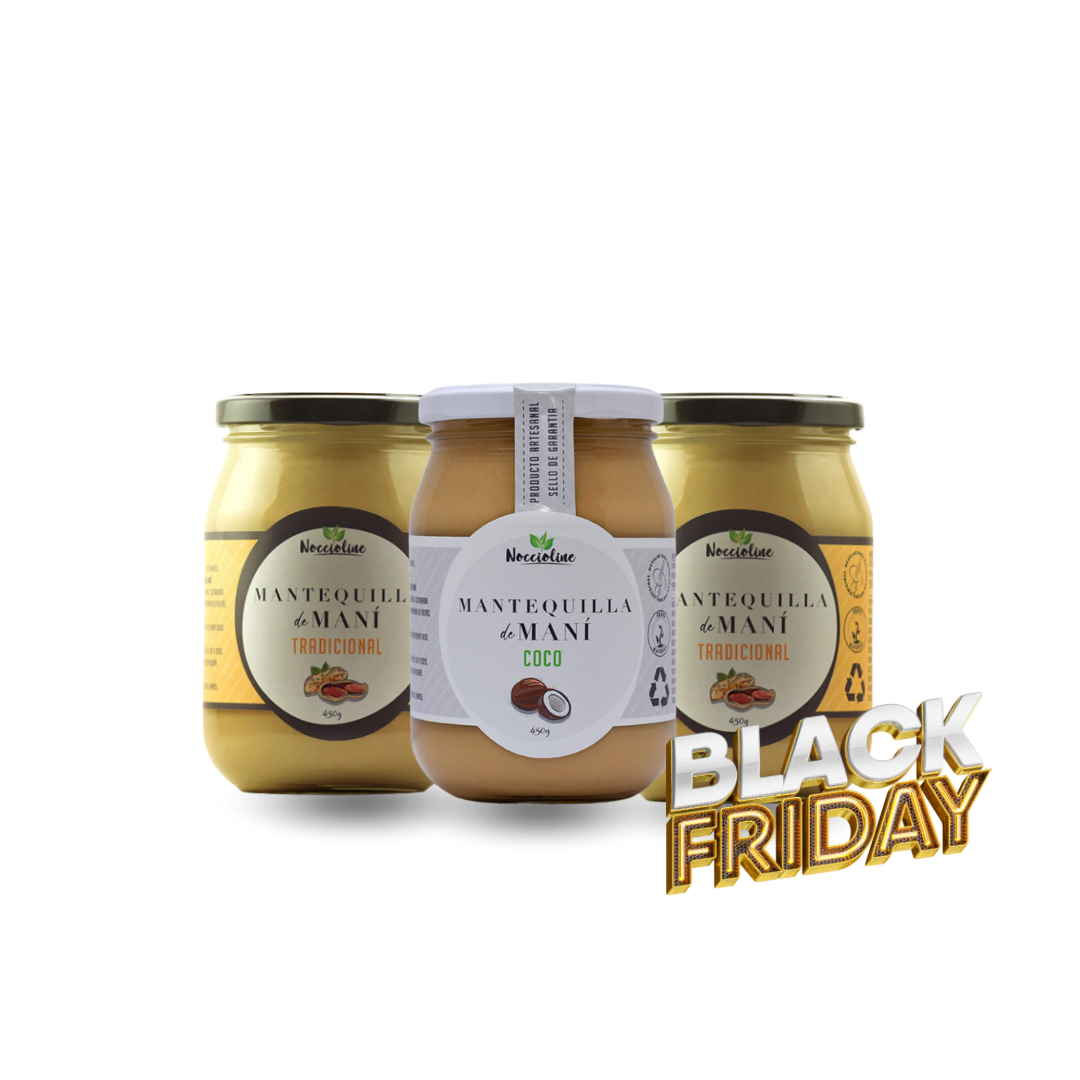 PACK BLACK FRIDAY 2 MANTEQUILLA DE MANI TRADICIONAL 450g + 1 MANTEQUILLA MANI COCO 450g